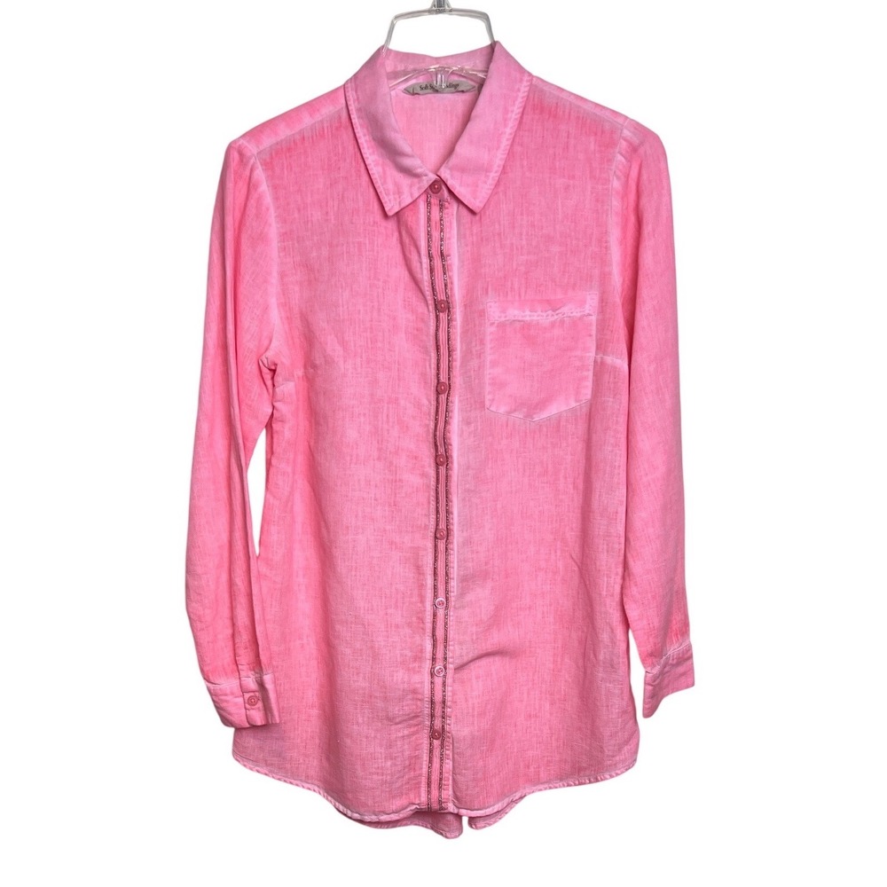 Soft Surroundings Button Up Women Small Pink Linen Cotton LS Metallic Trim A28